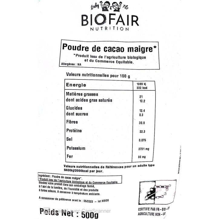 Poudre de cacao maigre - 500 g